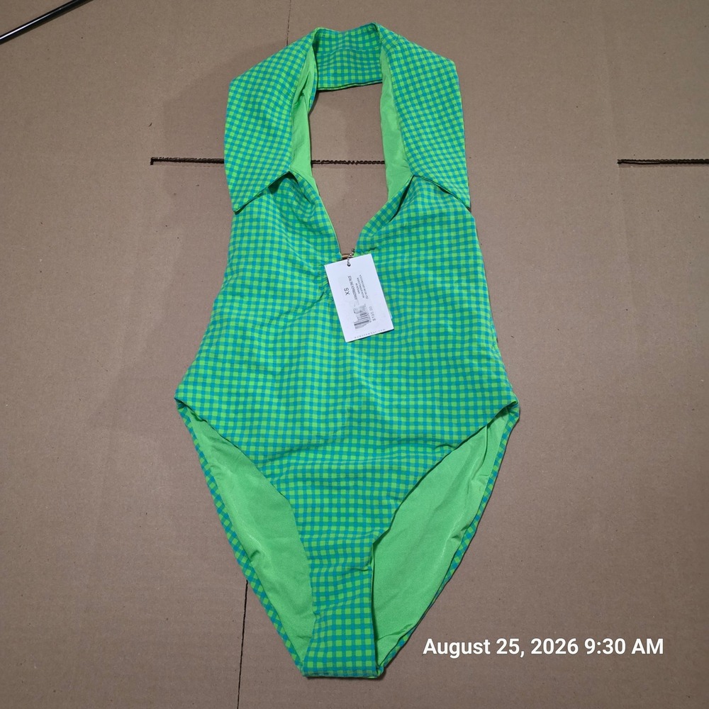 WeWoreWhat Neon Seersucker Collar Racerback One Piece Swimsuit Green XS WWS29-04